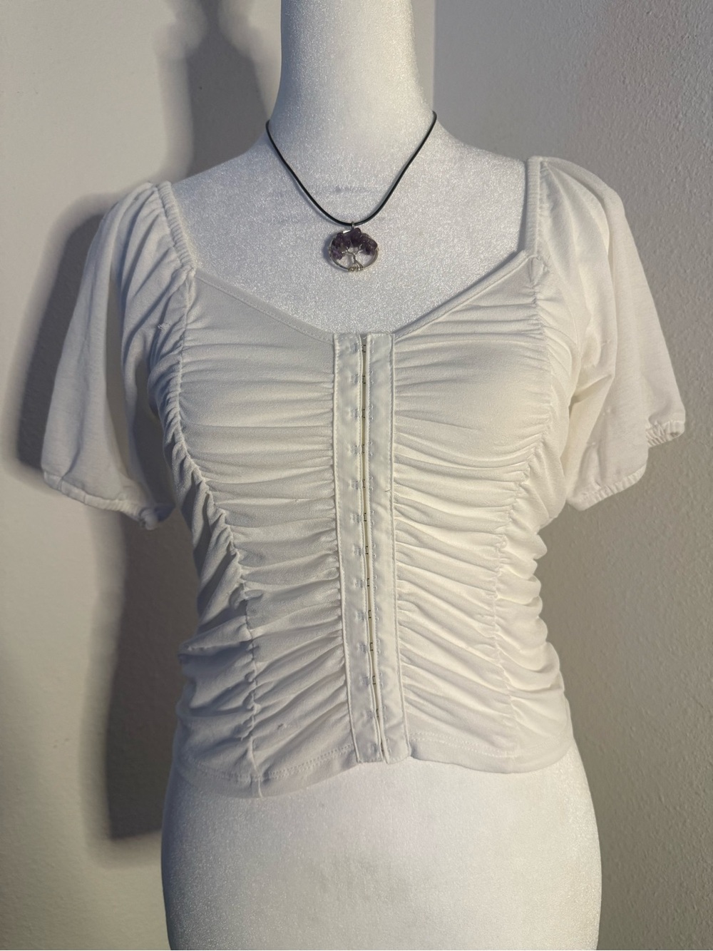 Luna Moon White Ruched Hook & Eye Crop Top S Corset Style Puff Sleeve Y2K Style